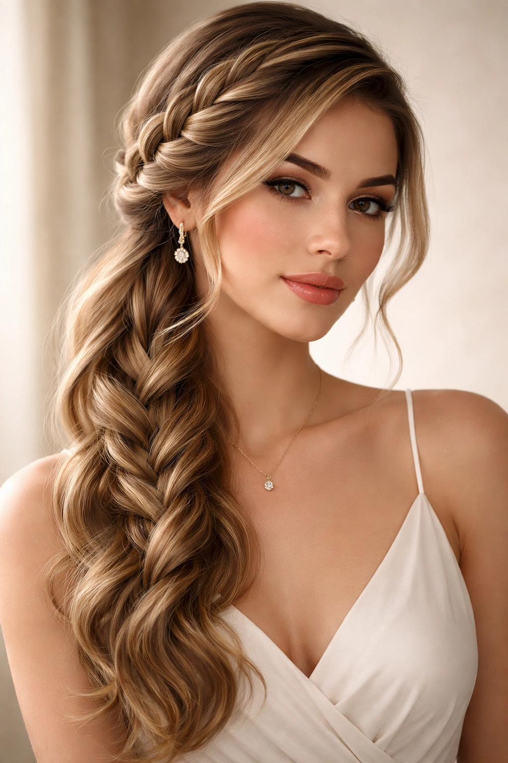 Side view of a side-swept French braid with waves over the shoulder