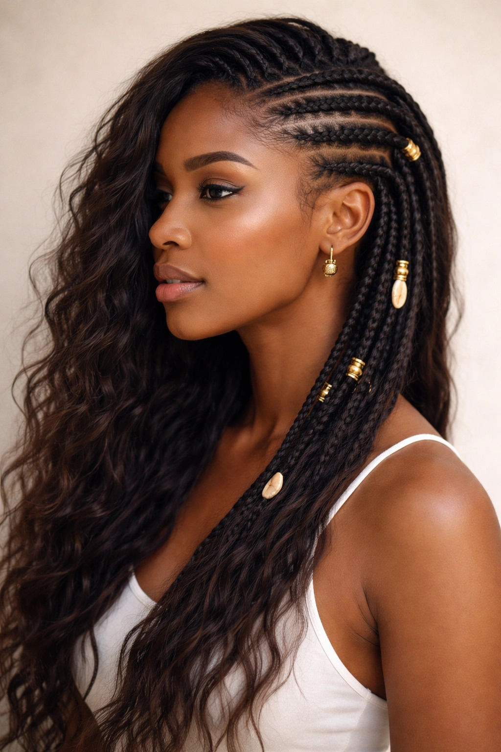 Side-swept Fulani hairstyle with flowing unbraided hair and sweeping braids