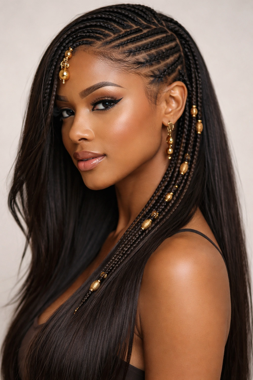 Side-swept Fulani braids framing the face on straight hair