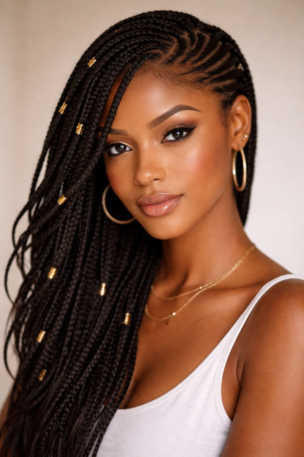 Close-up of side-swept Fulani braids on a model, showcasing asymmetrical sweep and face-framing style.