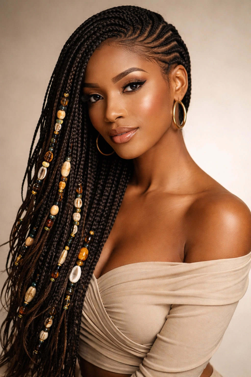 Close-up of Side-Swept Fulani Braids with beads along the swept braid.