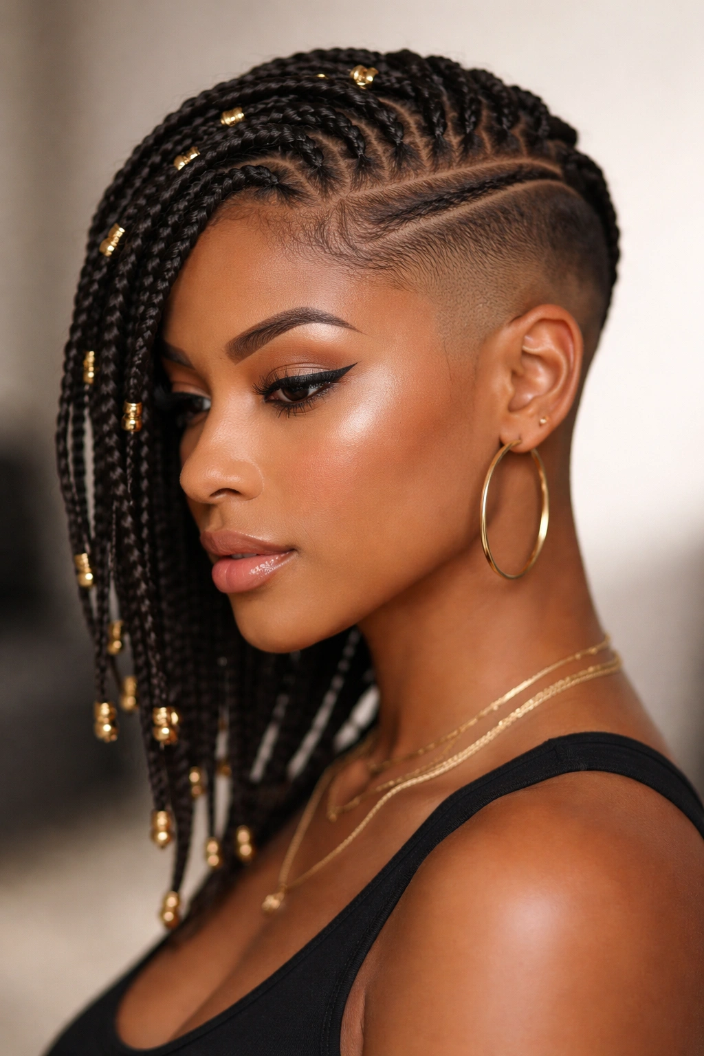 Side-swept Fulani braids with shaved sides on short hair