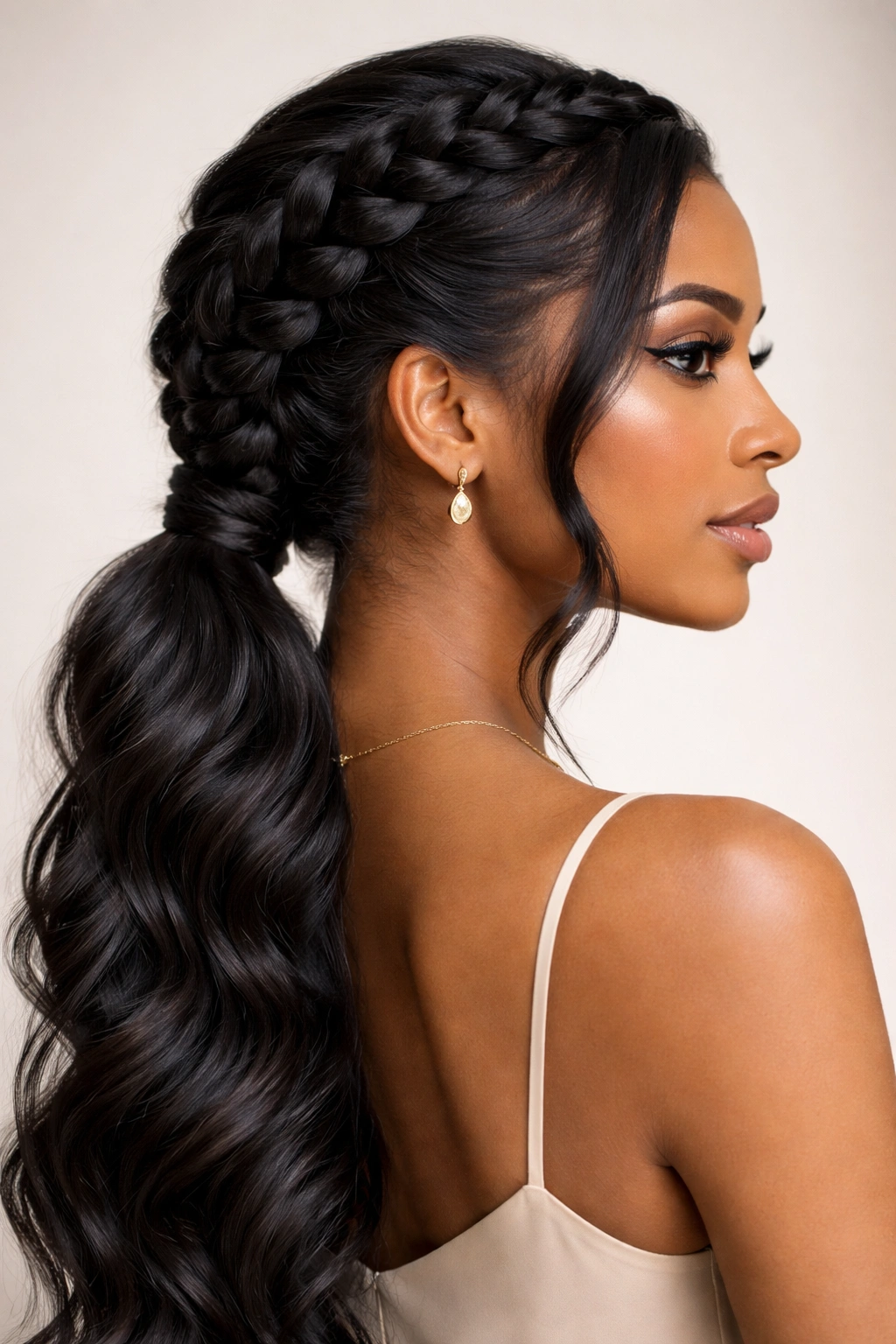 Side-swept goddess braid tracing across head into low side ponytail