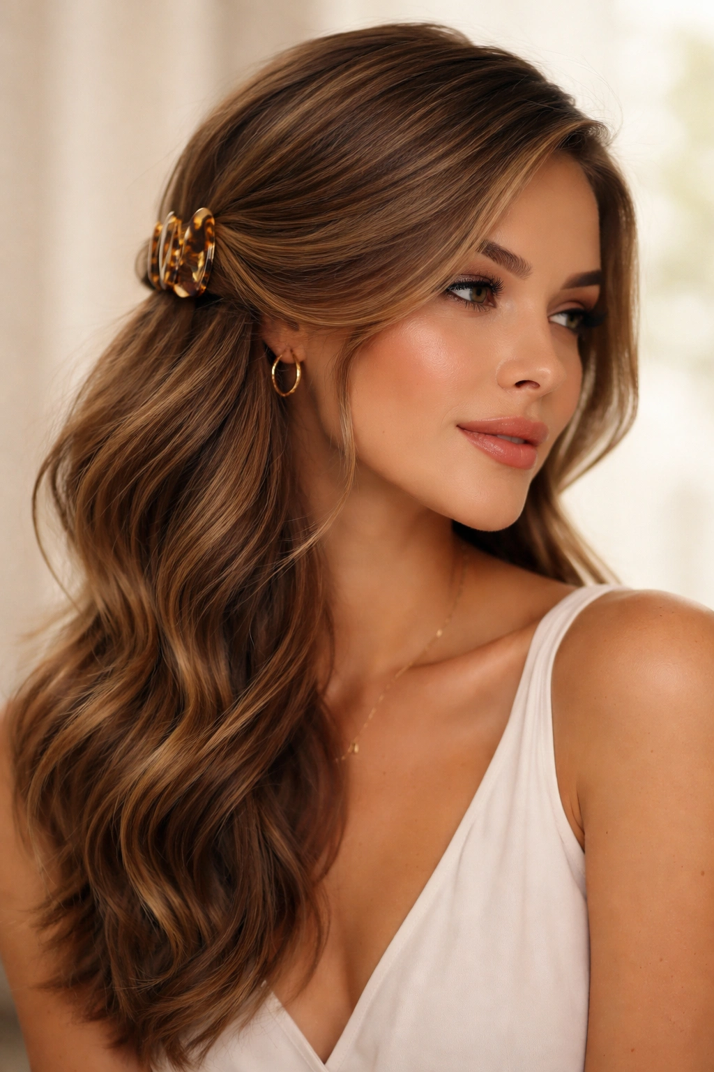 Side-swept goddess hairstyle with claw clip on medium-length waves in studio lighting