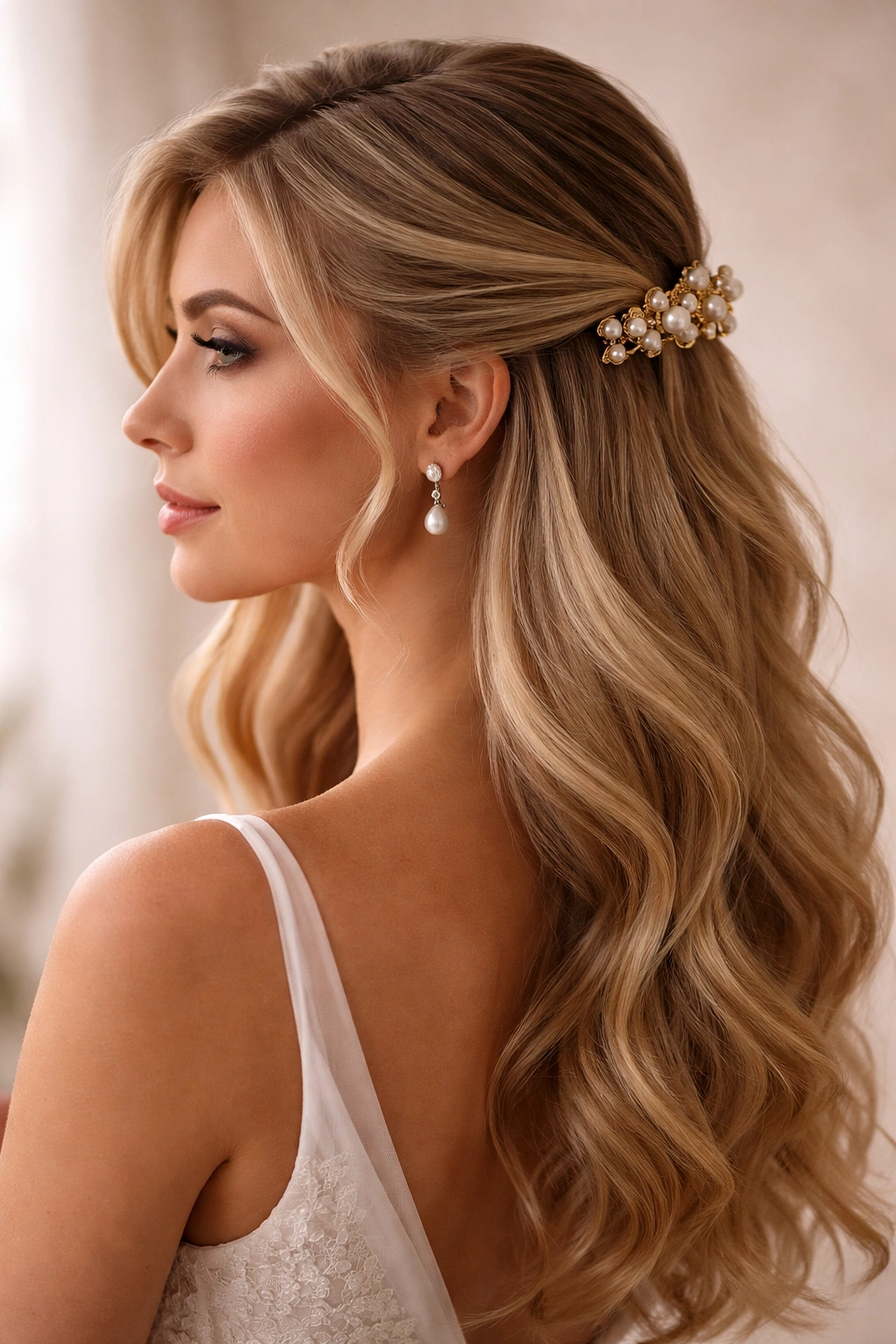 Close-up profile of a side-swept hairstyle with a claw clip at the ear