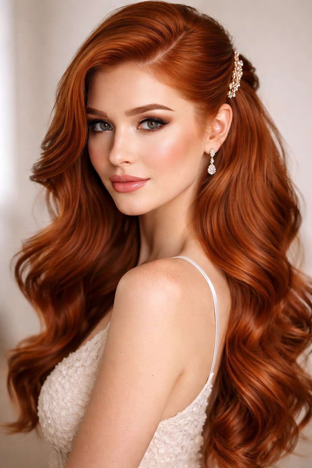 Side-swept half up hairstyle with glamorous waves on red hair