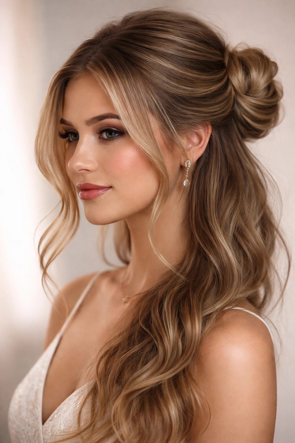 Three-quarter view of a side-swept half bun with face-framing strands
