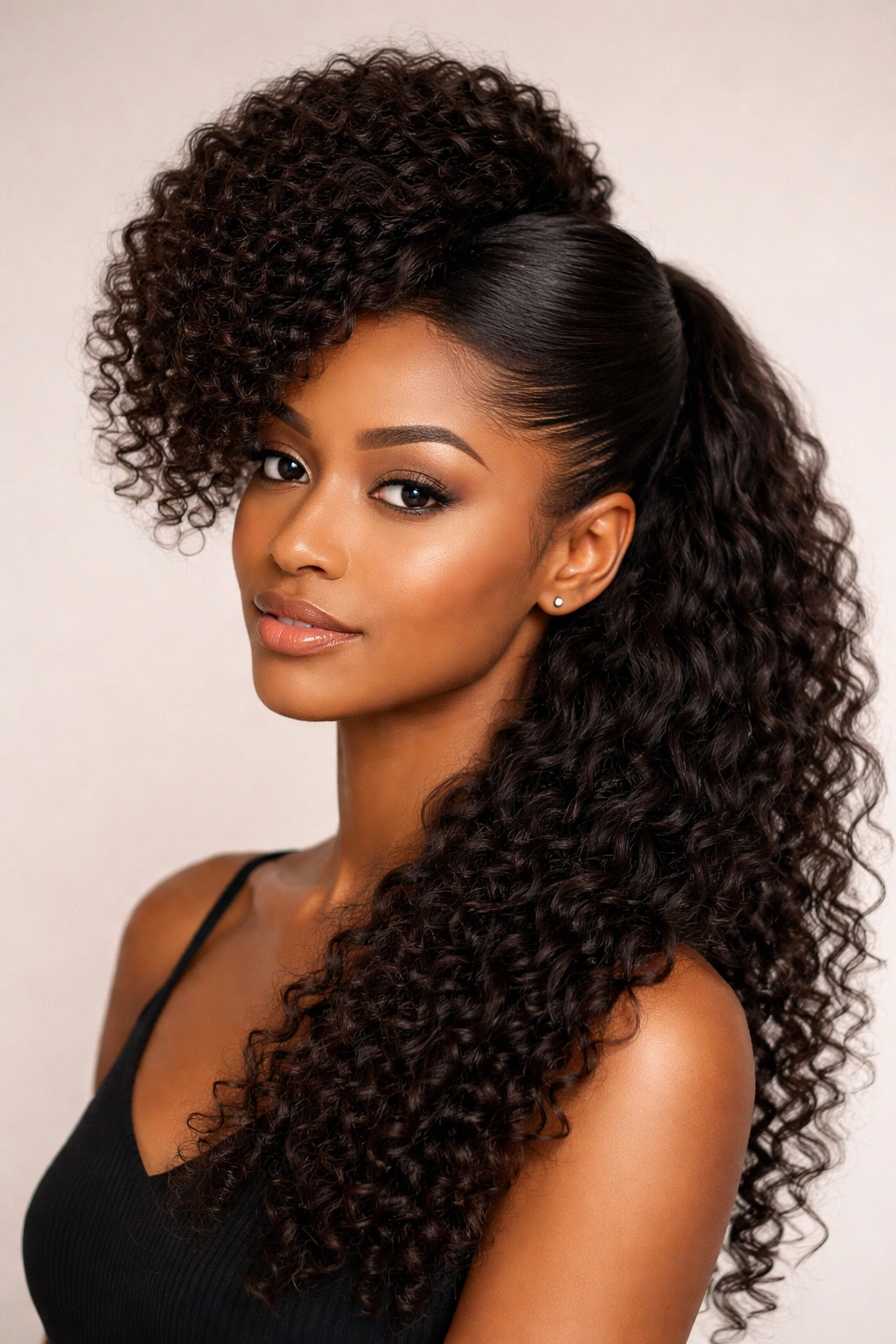 Side-swept half-up puff hairstyle with asymmetrical crown