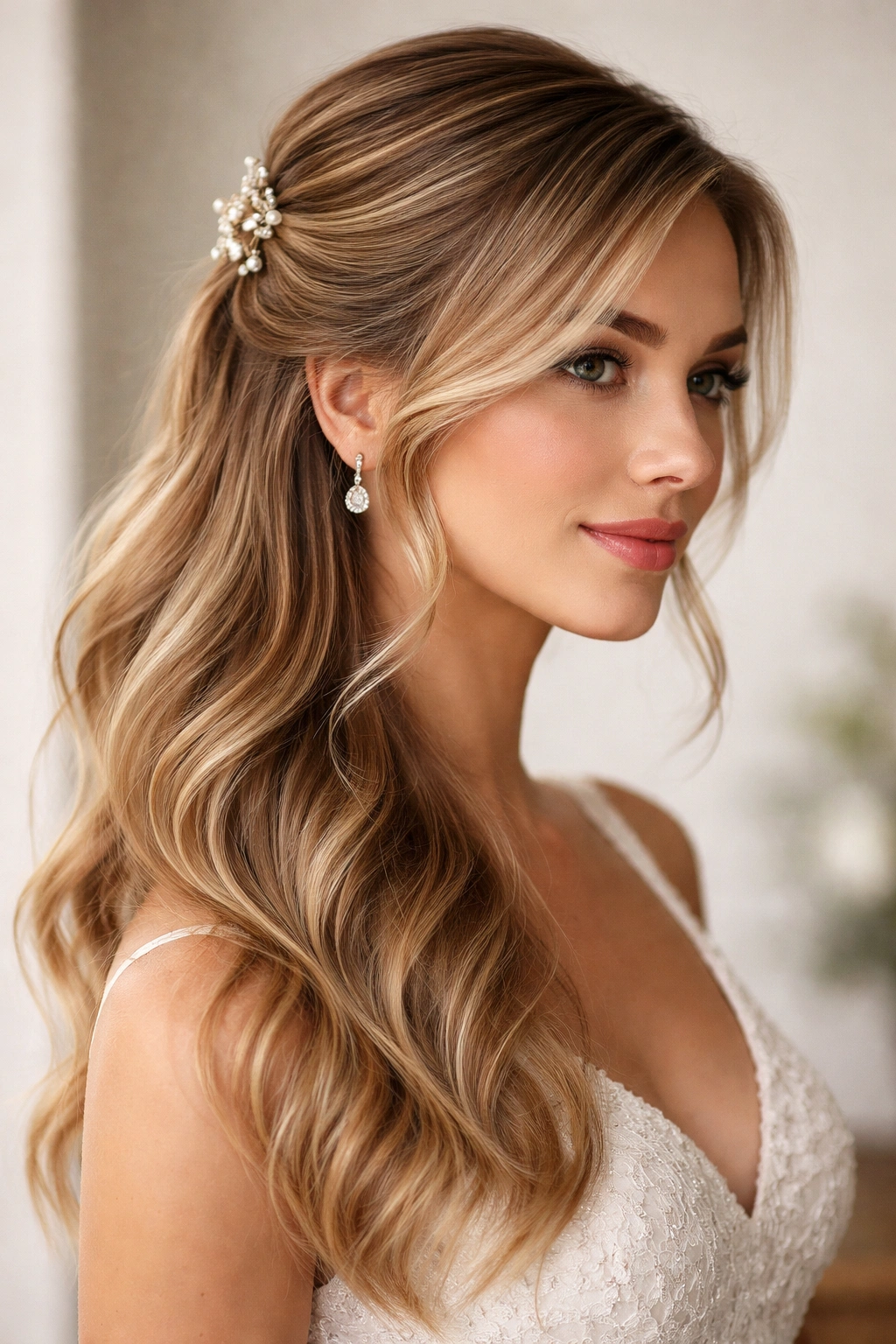 Side-swept half-up hairstyle with off-center crown