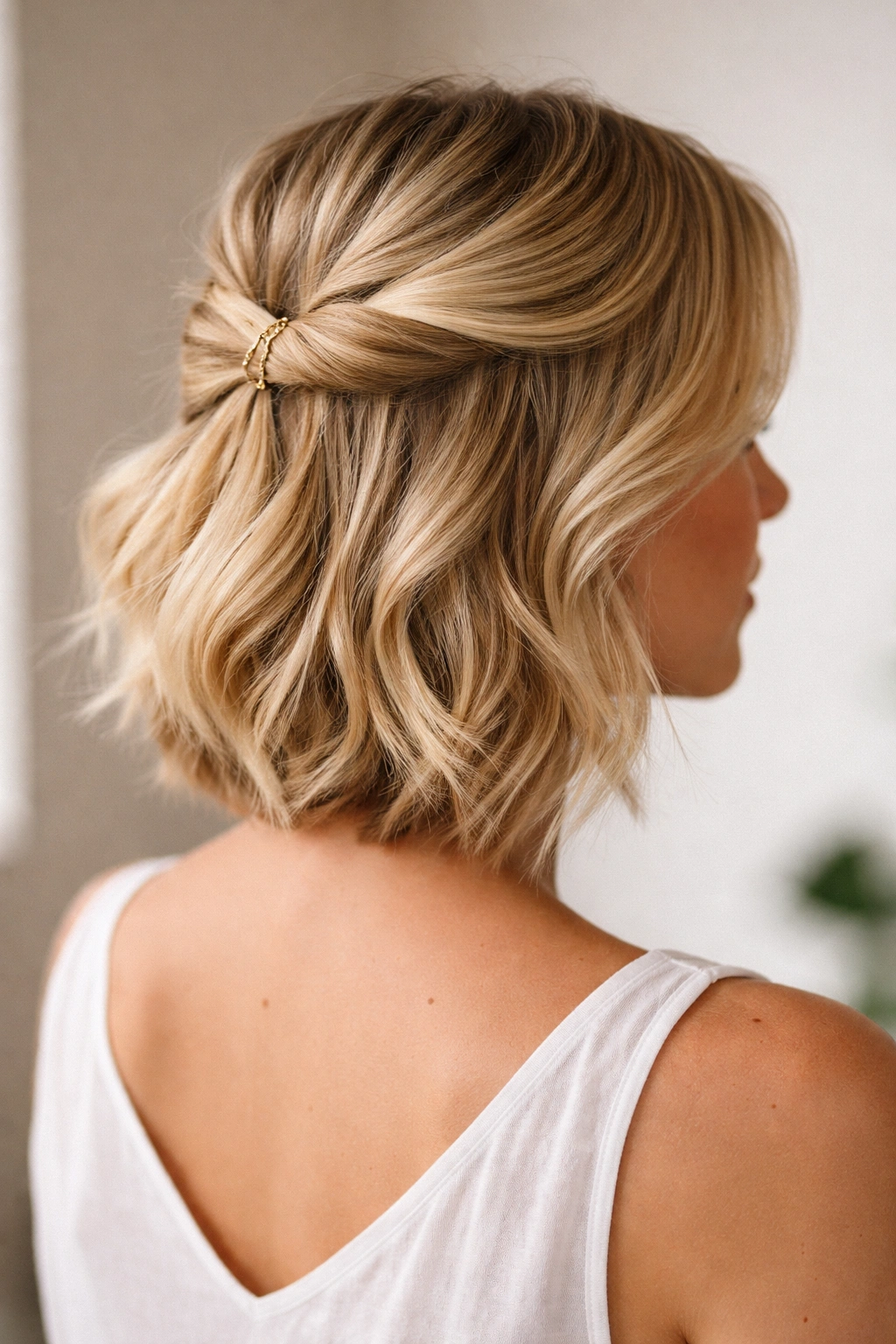 Side-swept half-up hairstyle on short blonde hair with one side loose