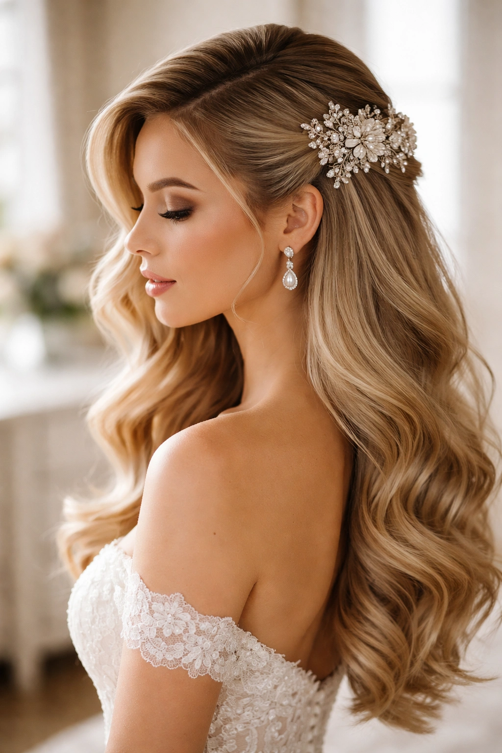 Side-swept half-up hairstyle with a large statement brooch on the side