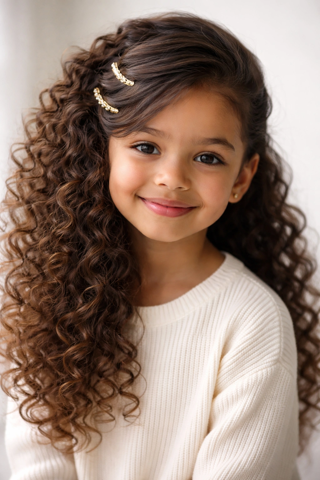 Close-up of a child with a side-swept half-up hairstyle secured by curved clips.