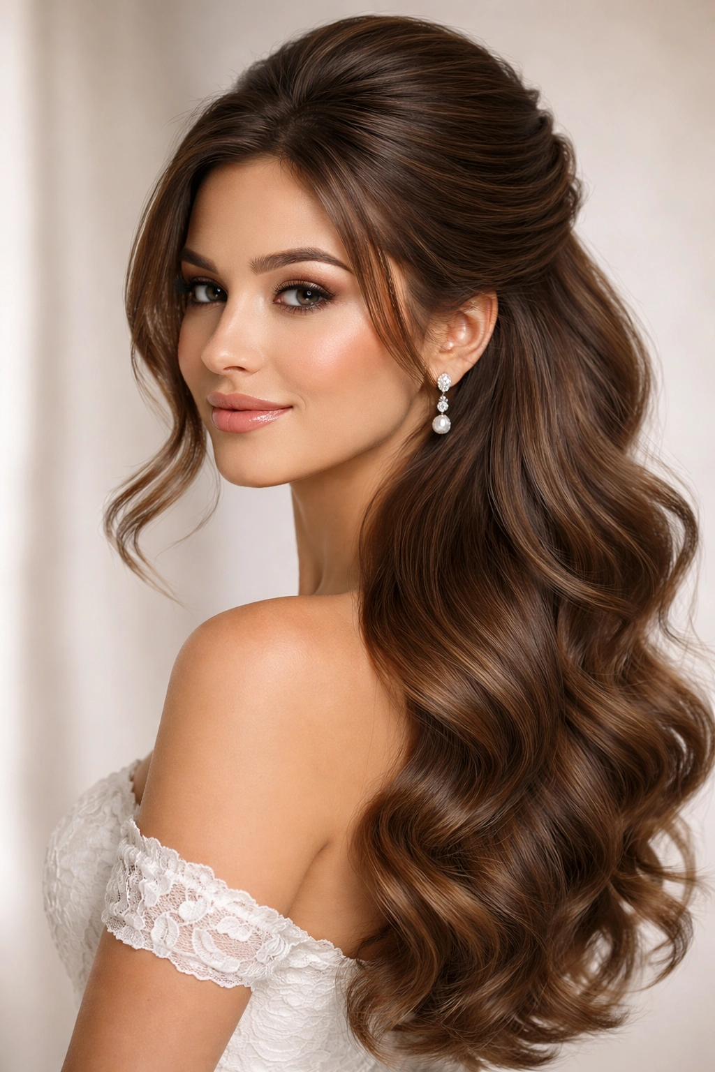 Side-swept half-up hairstyle with voluminous crown on thick hair
