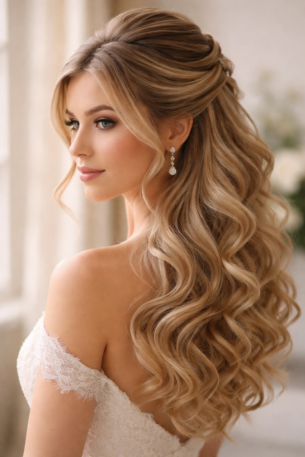 Side-swept half-up hairstyle with romantic curls