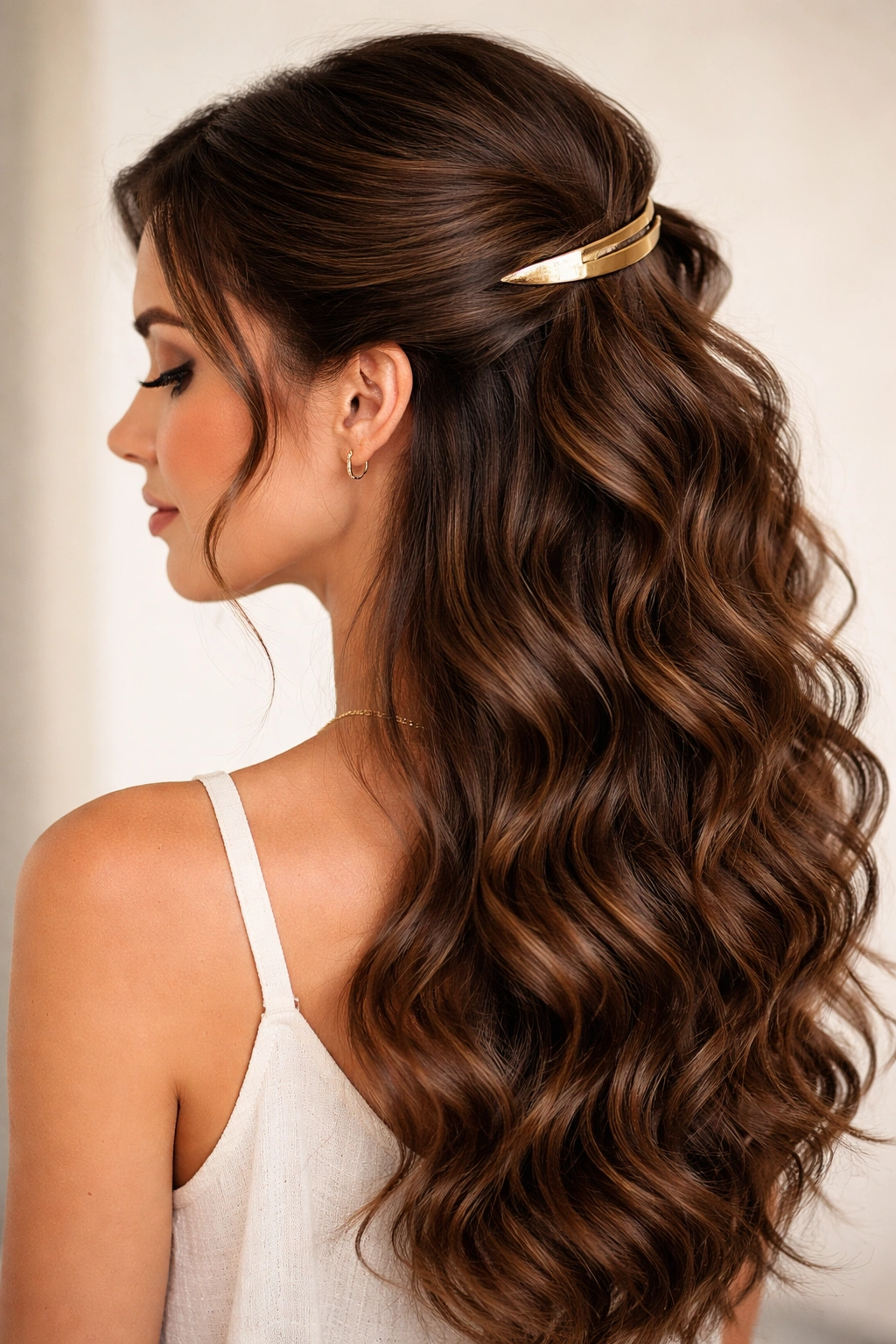 Side-swept half-up with curved clip securing top section to the side