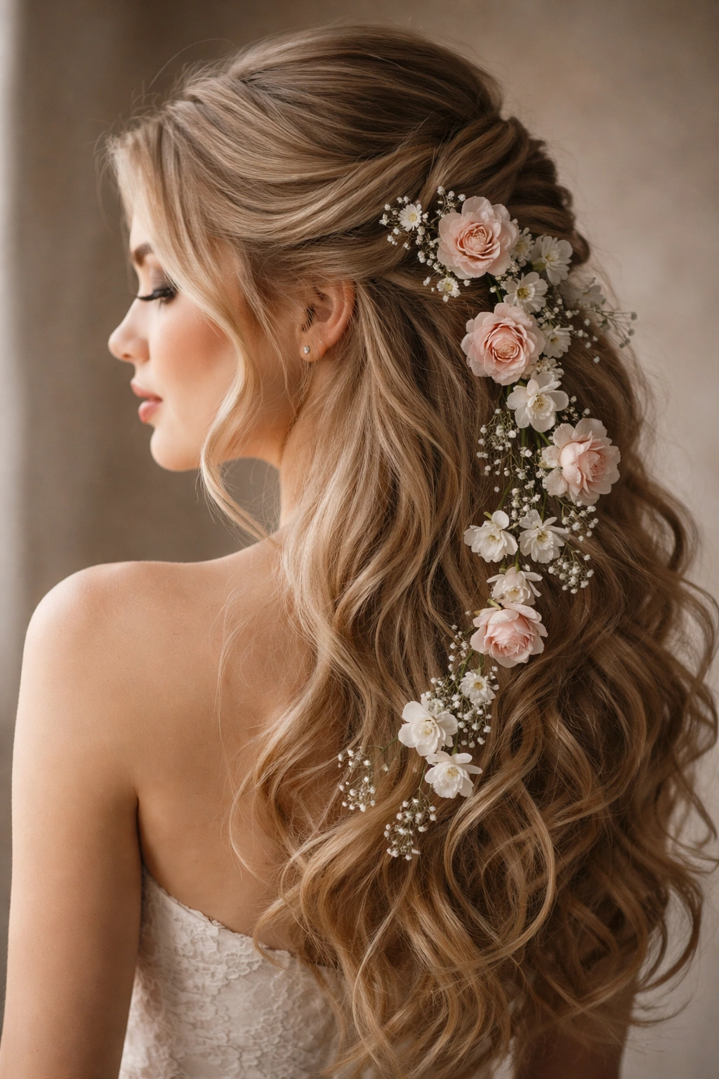 Close-up of a side-swept half-up with a flowing cascade of flowers through loose hair