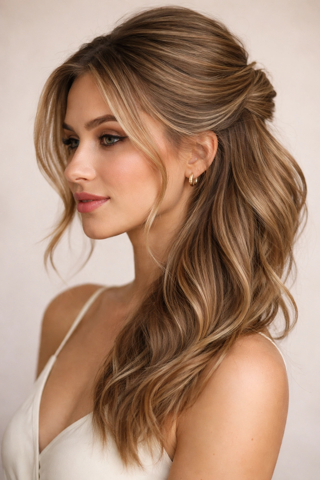 Side-swept half-up hairstyle secured off-center