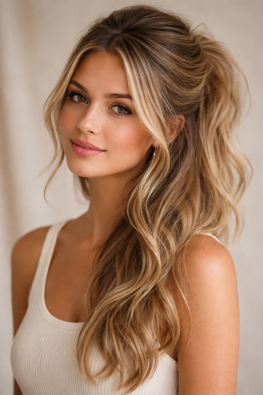 Side-swept half-up hairstyle with off-center gather.