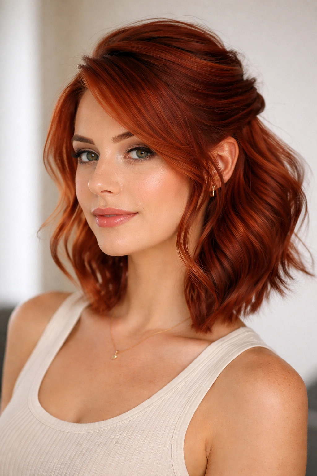 Portrait of short red hair styled in a side-swept half-up with loose waves on the lower half.