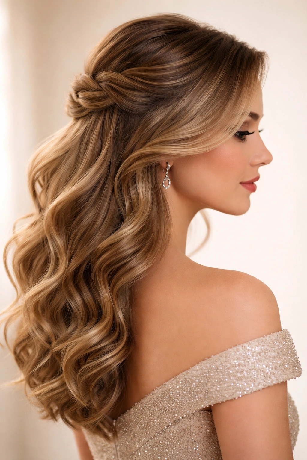 Romantic side-swept half-up hairstyle with side twist and curls