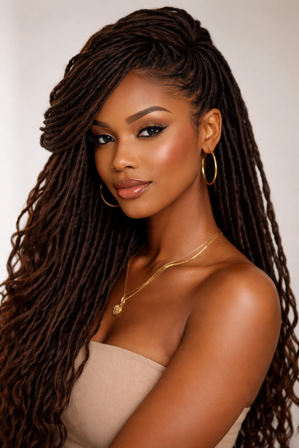 Side profile of a Black woman with a dramatic side-swept half up half down hairstyle