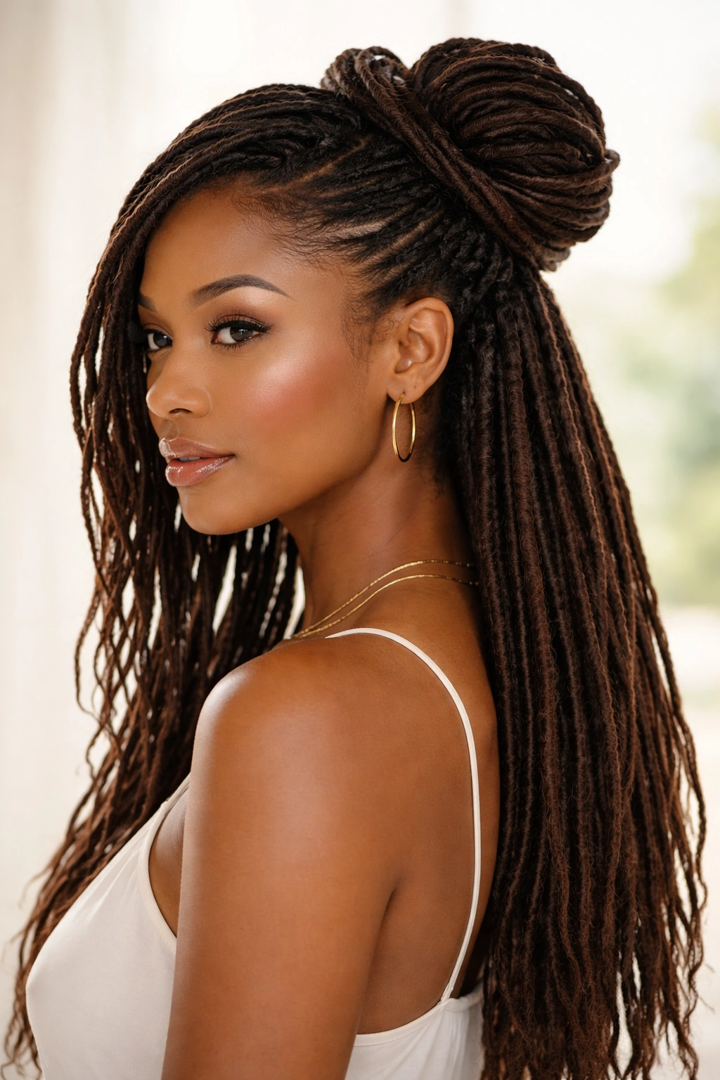 Side-swept half-up bun with asymmetrical silhouette