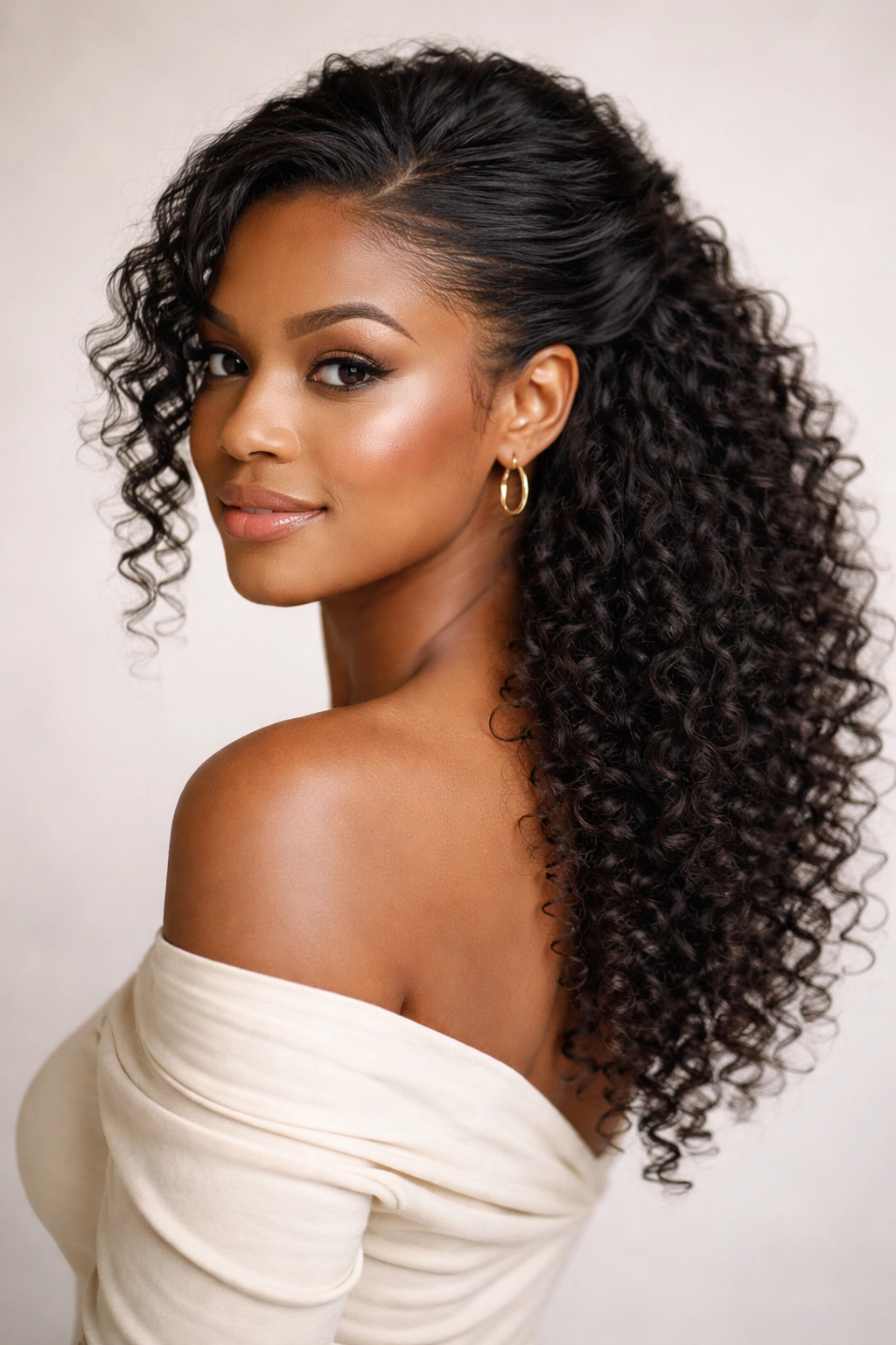 Half-up hairstyle with a single side sweep and asymmetrical look on natural hair.