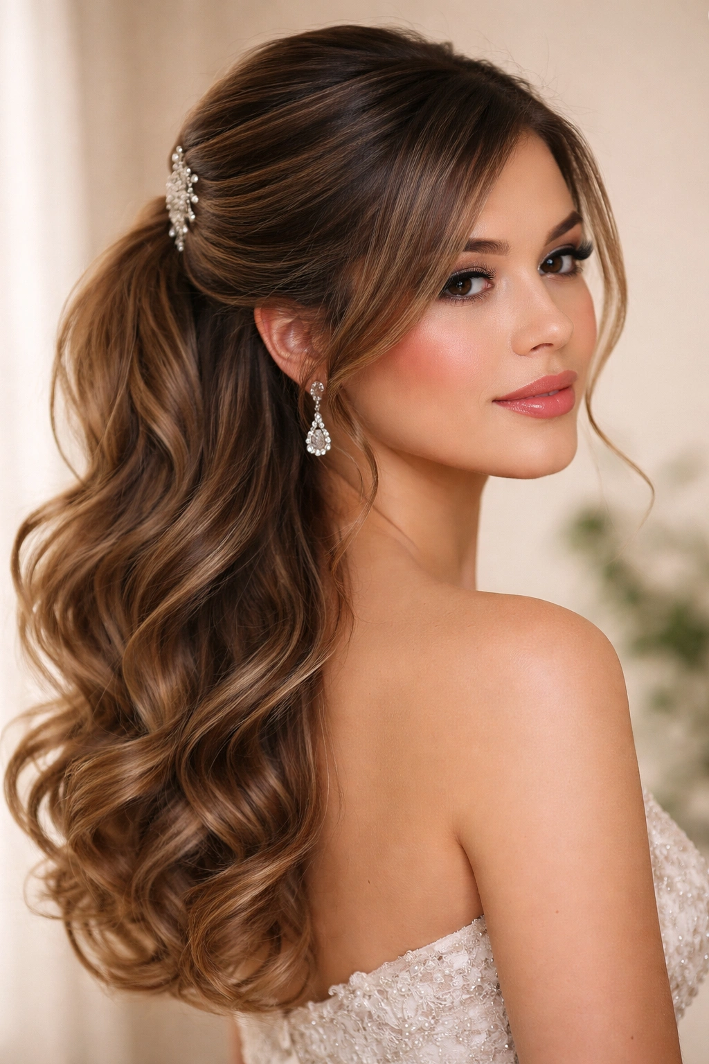 Side-swept half-up ponytail hairstyle on a model with side-swept crown and loose curls.