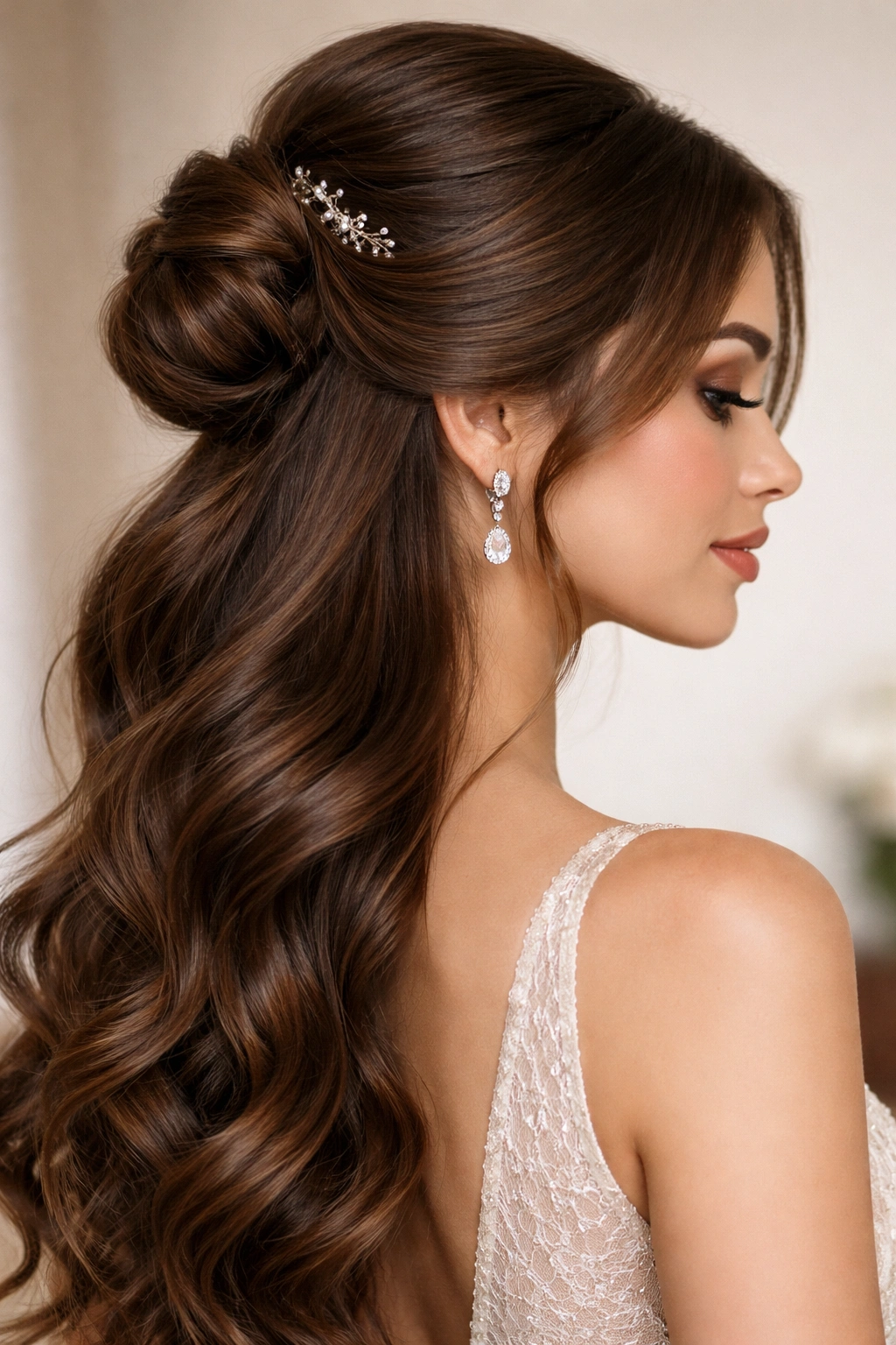 Profile view of The Side-Swept Half-Up Bun with hair swept to one side