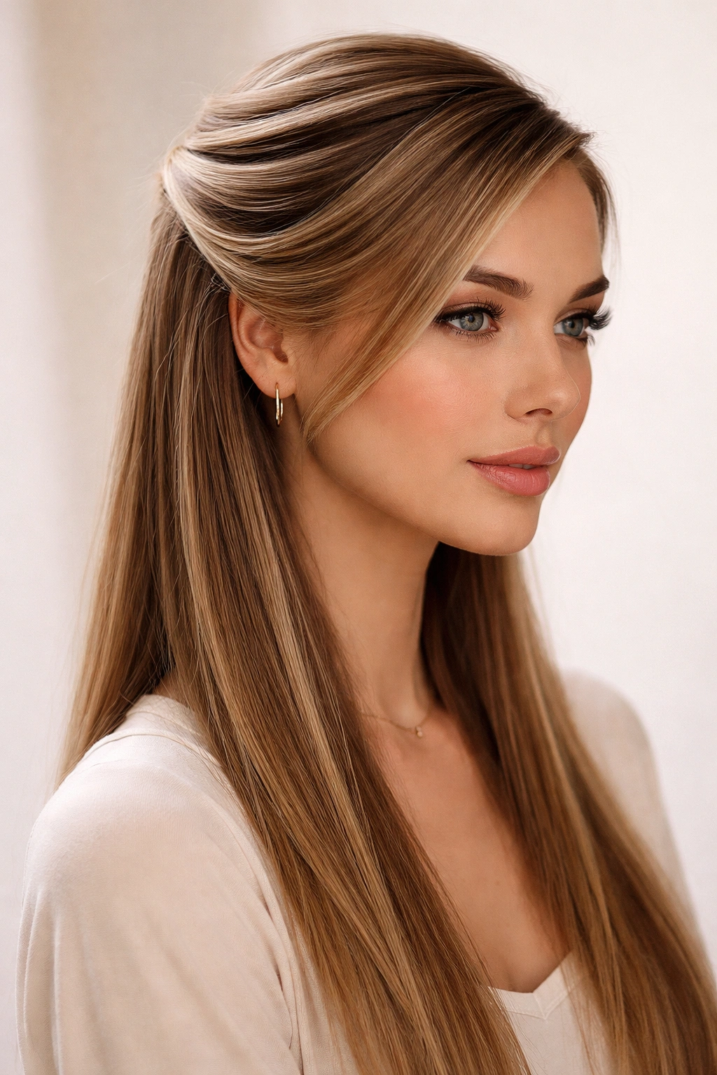 Close-up of straight hair in a dramatic side-swept half-up with discreet pins