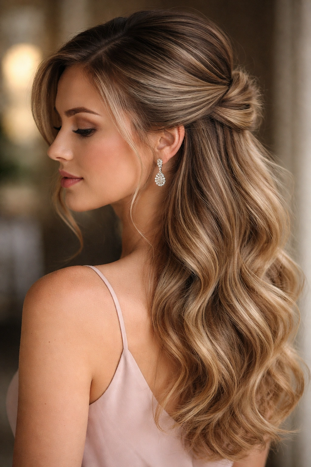Side-swept half-up hairstyle with texture and deep side part