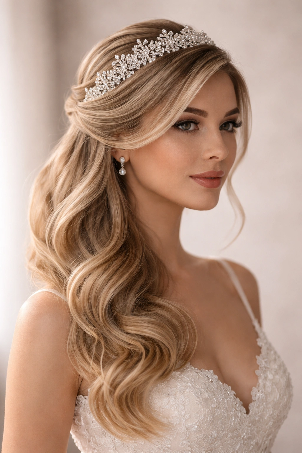 Side-swept half-up hairstyle with tiara detail