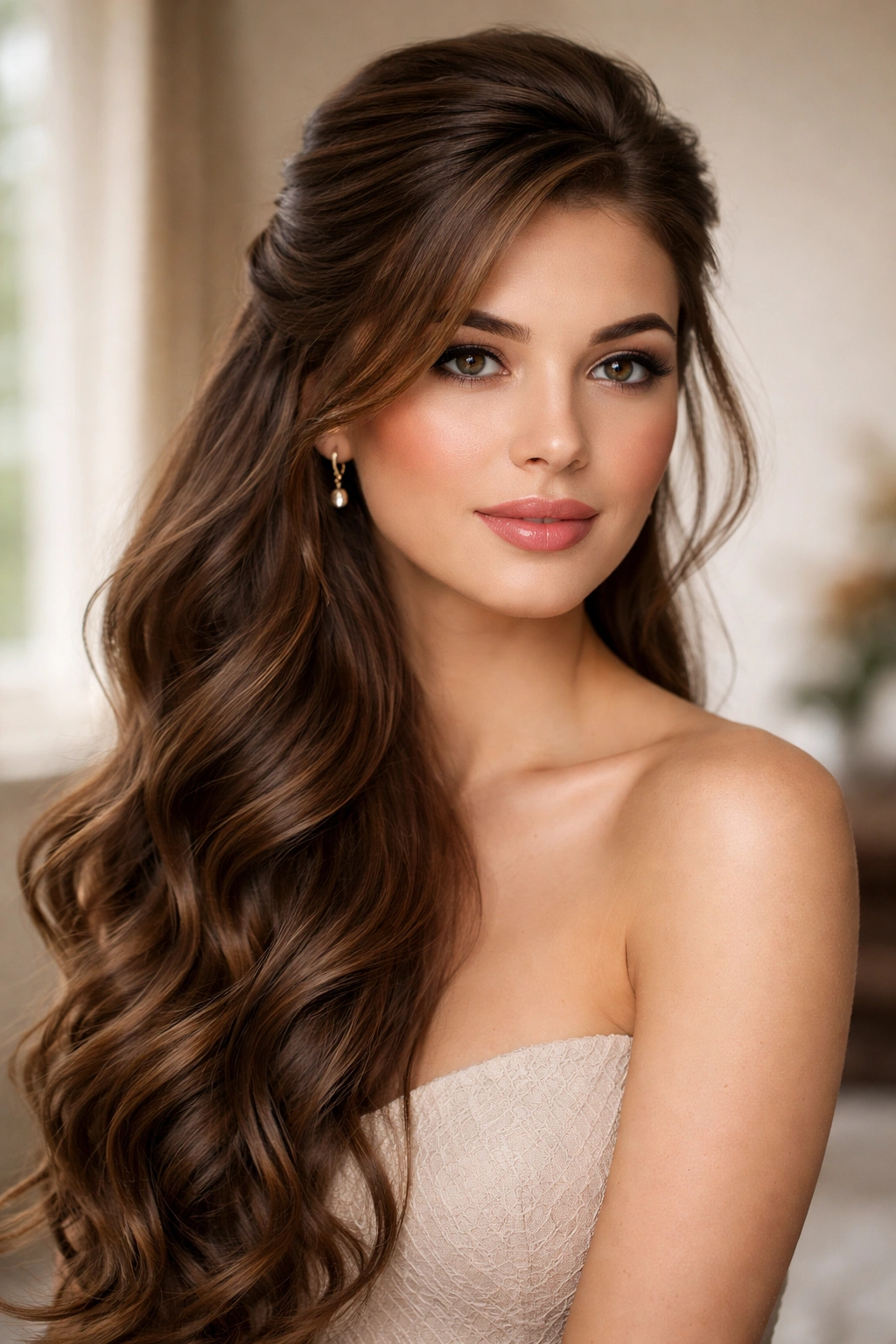 Close-up of thick hair in a side-swept half-up with waves