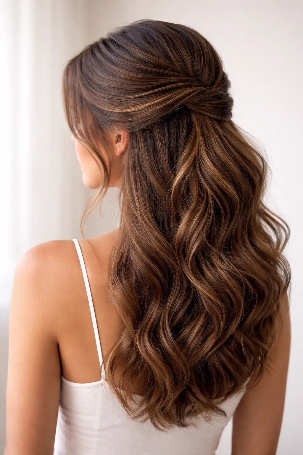 Asymmetrical side-swept half-up hairstyle with flowing waves