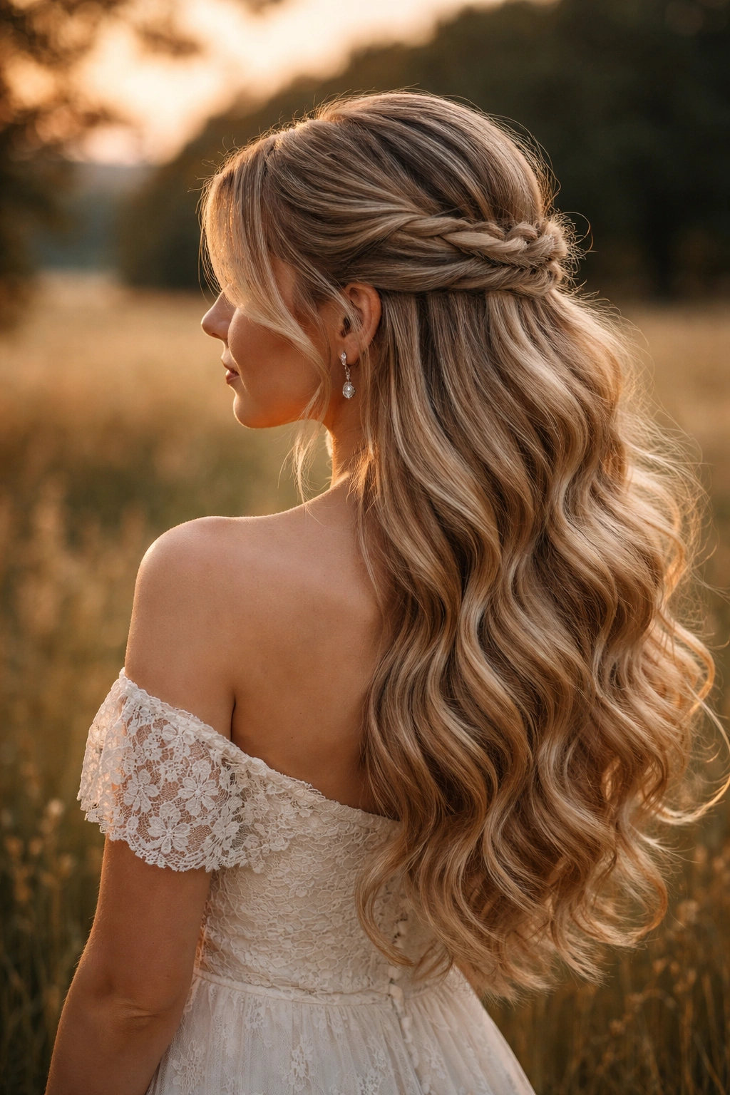 Side-swept half-up with waves hairstyle