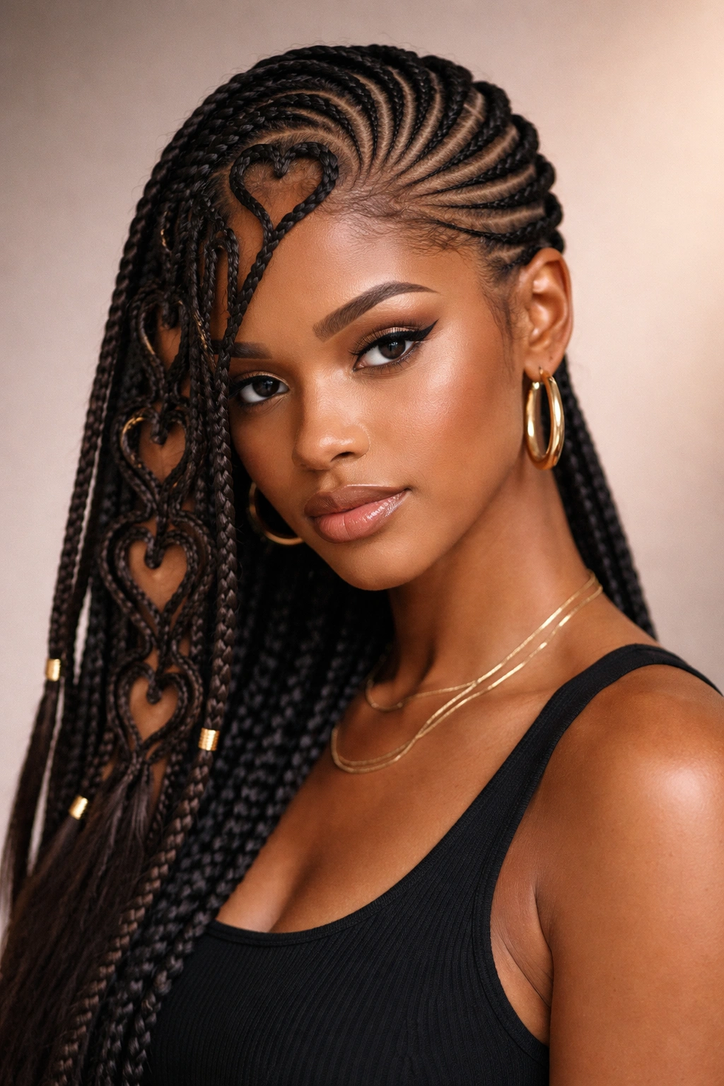 Asymmetrical side-swept heart cornrows on scalp