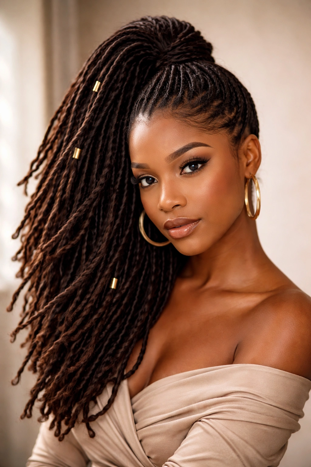 Side-swept high ponytail with voluminous locs