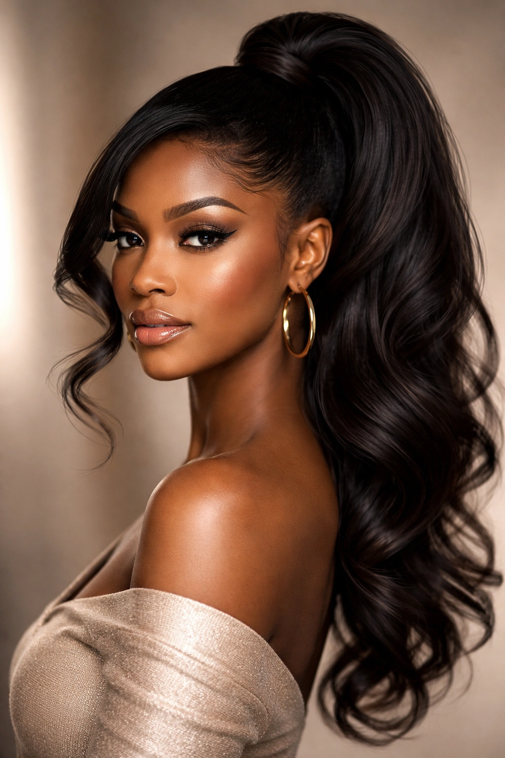 Portrait of side-swept high ponytail hairstyle on a Black woman