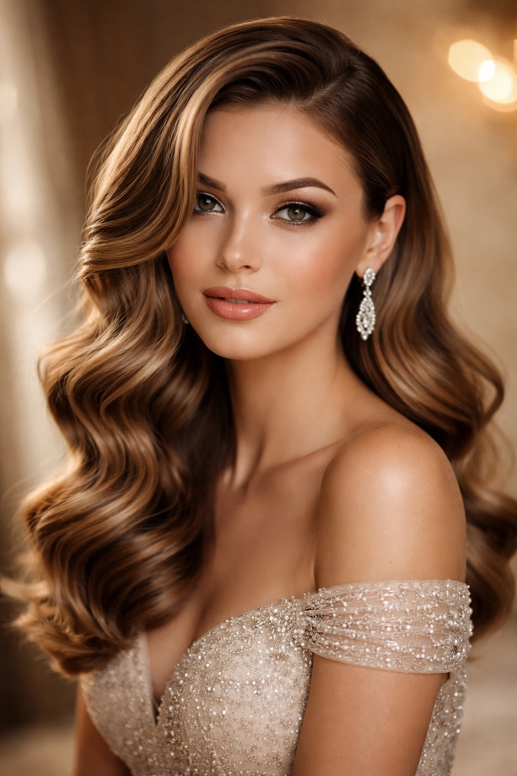 Close-up of side-swept Hollywood waves with deep glossy curls swept to one side