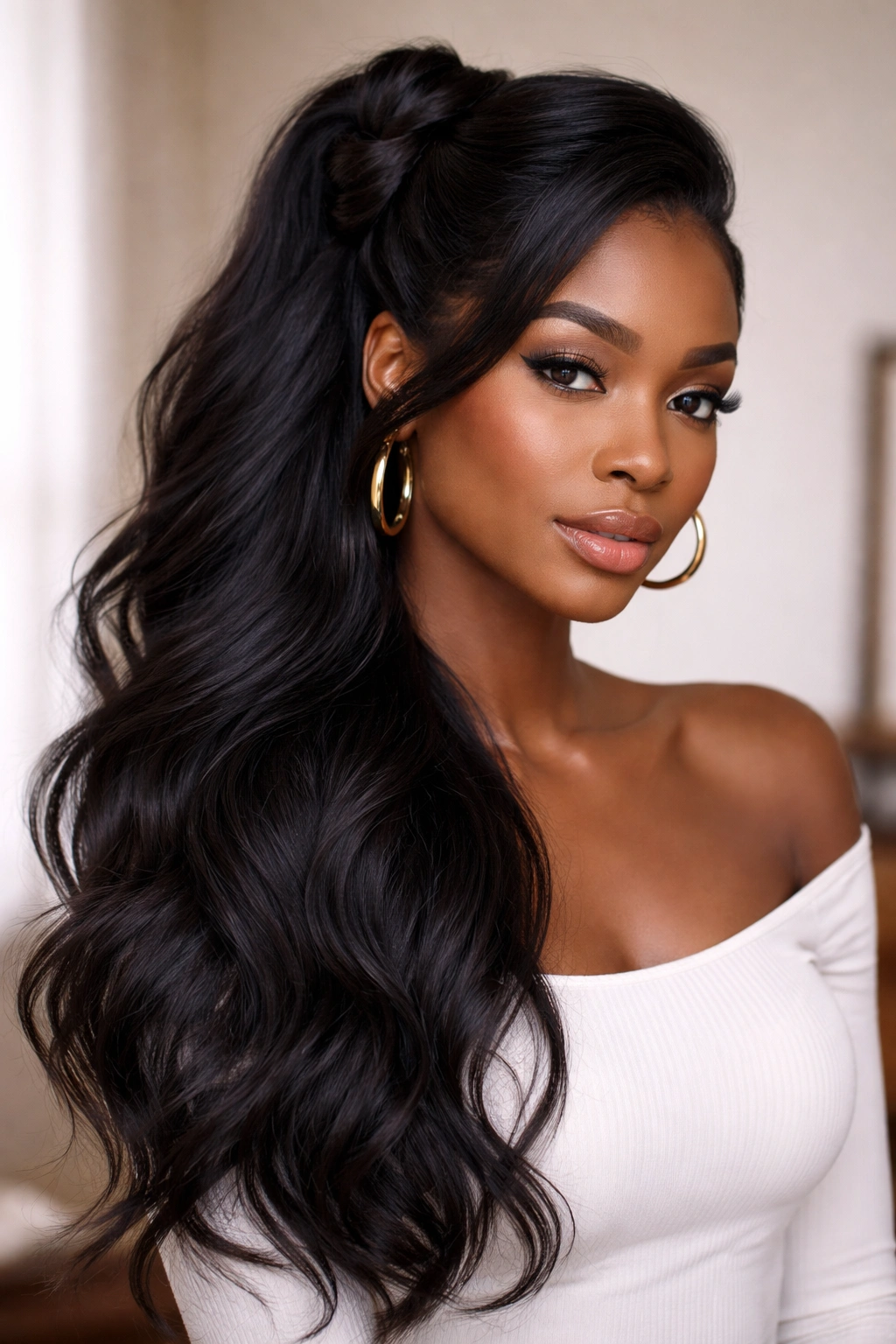 Asymmetrical side-swept half up knot hairstyle