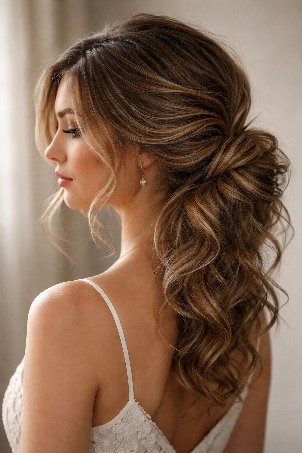 Side-swept knot hairstyle on thick wavy hair