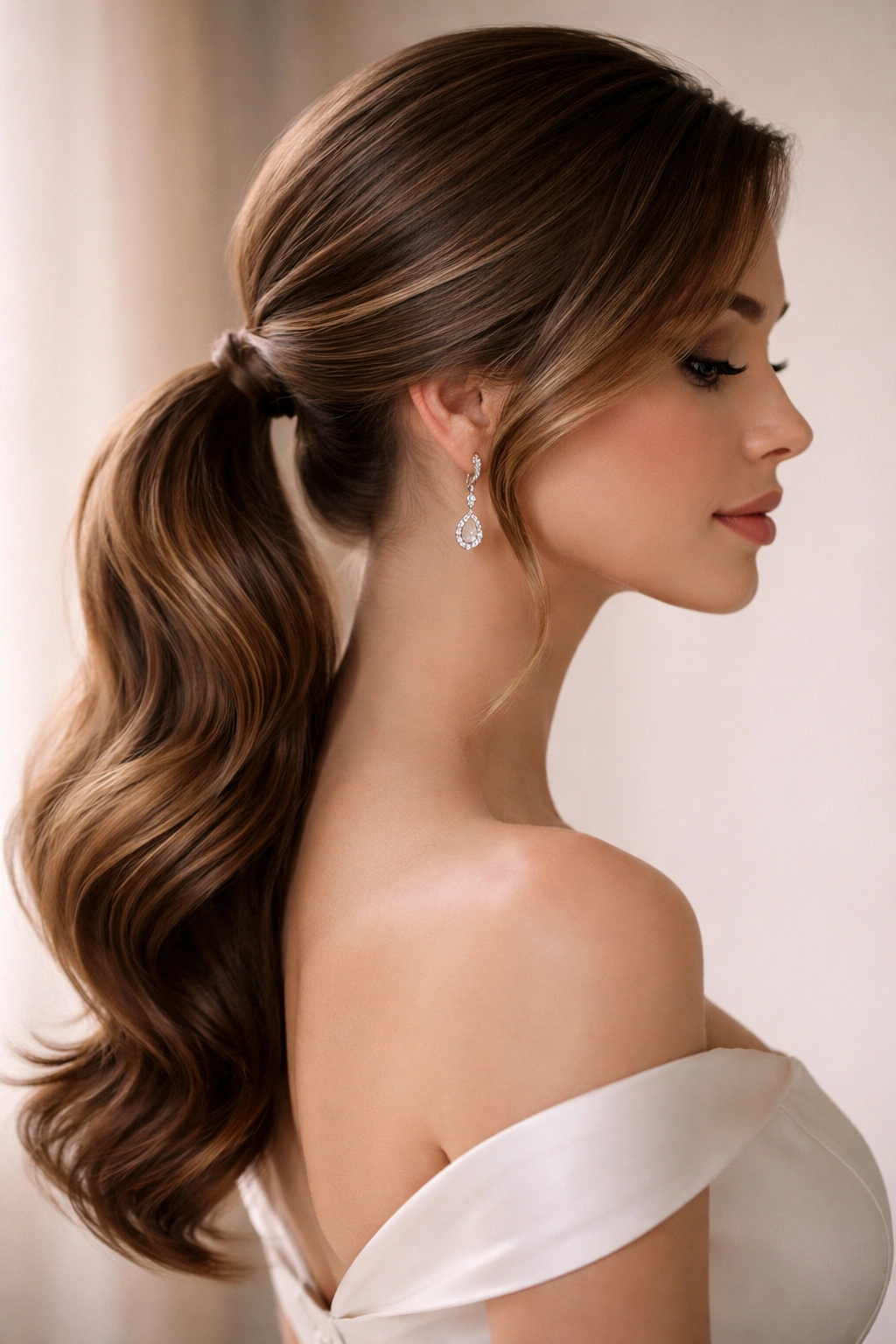 Side-swept low ponytail with a deep side part from a side profile
