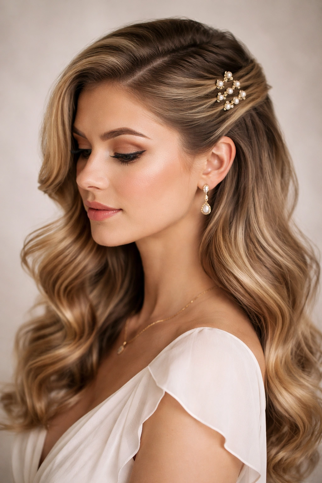 Asymmetrical half-up pin curl with one side voluminous and the other smoother.