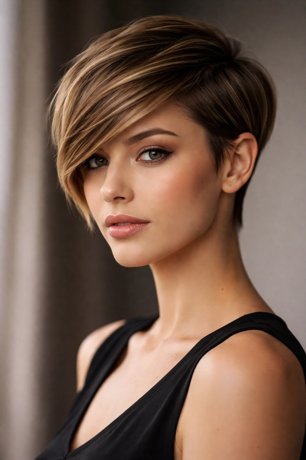Three-quarter view of side-swept pixie on straight hair
