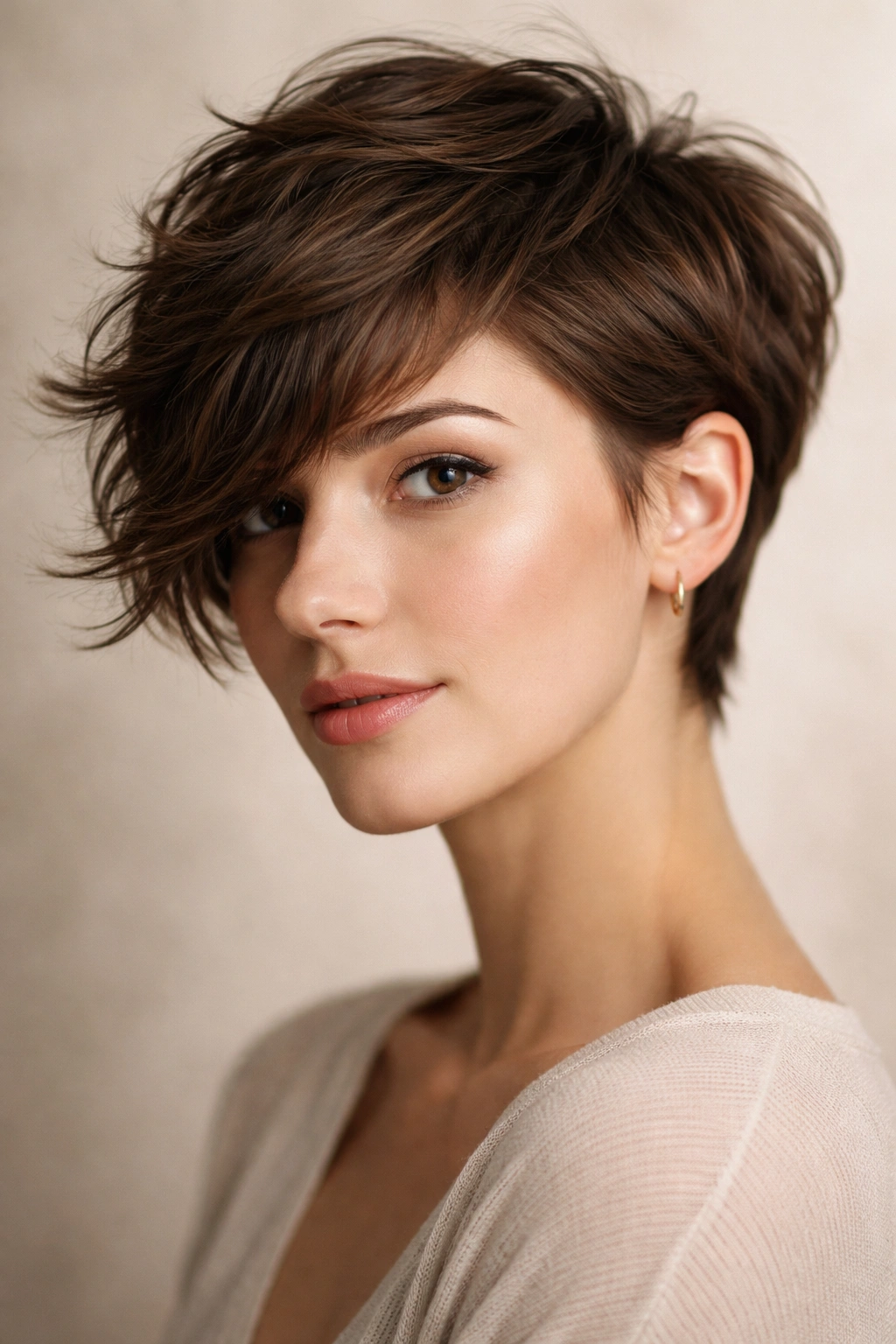 Side-swept pixie with forward-angled waves and gentle texture.