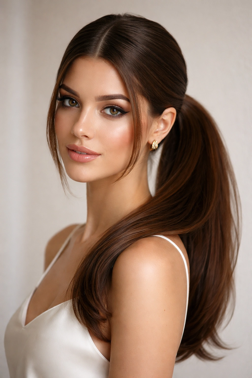 Sleek side-swept pony-adjacent style with center part and off-center ponytail