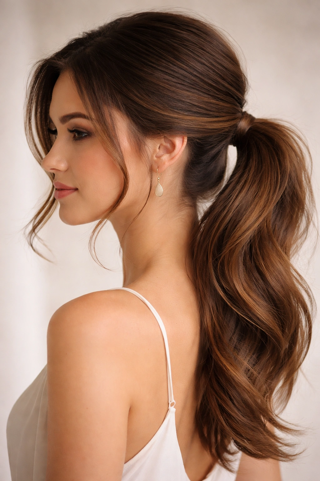 Side-swept ponytail gathered to one side