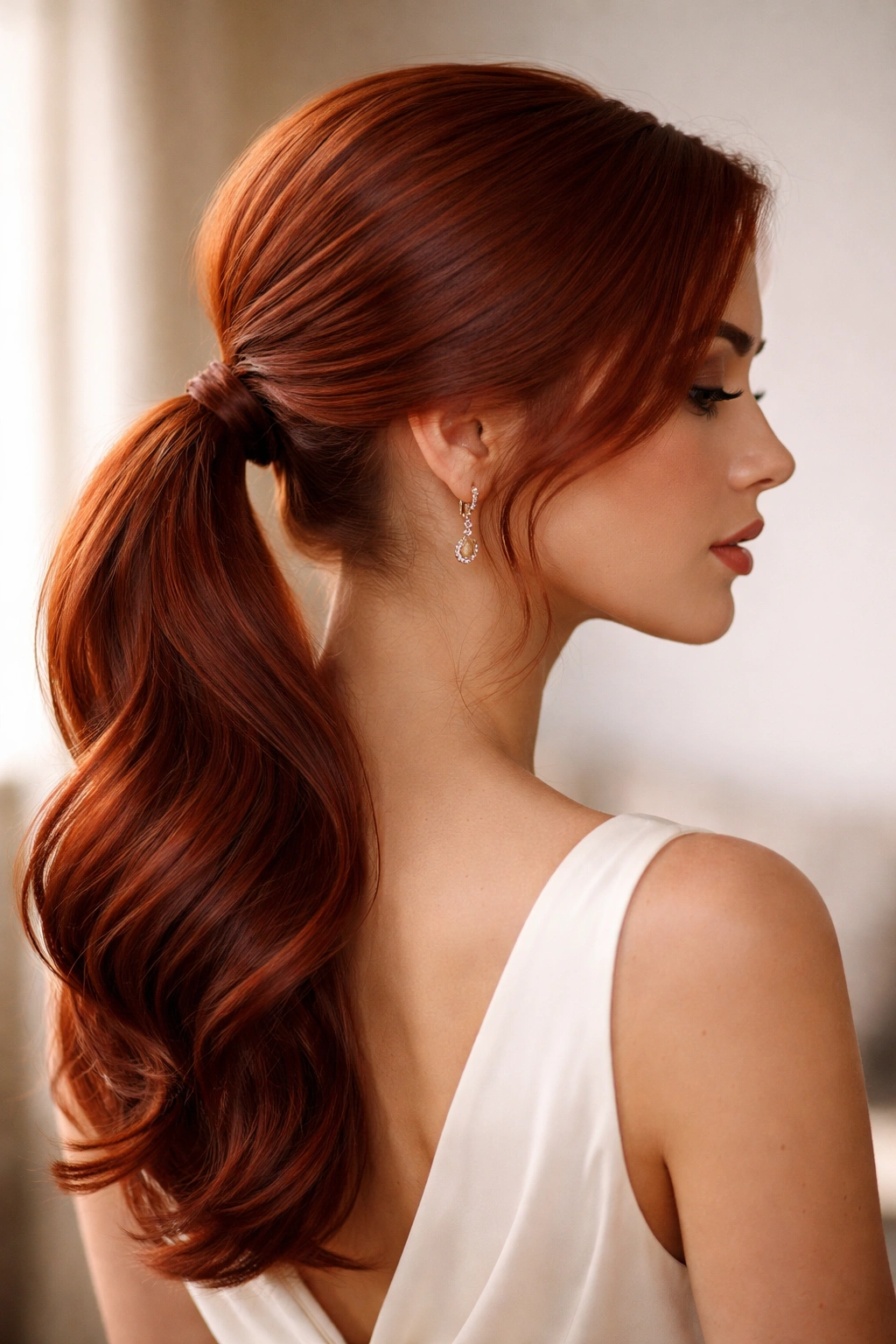 Side-swept low ponytail draping over shoulder in red hair