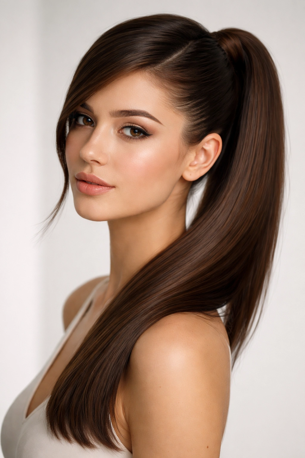 Side-swept sleek ponytail with diagonal line sweep