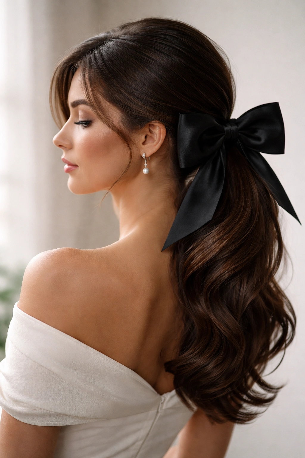 Side profile of a side-swept low ponytail with a large statement bow